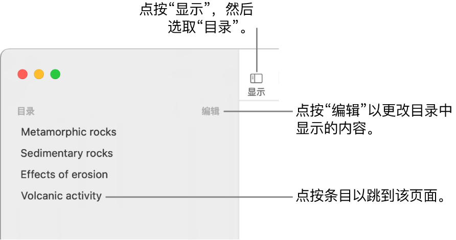 Pages 文稿窗口，左侧是目录，边栏右上角是“编辑”按钮，目录条目按列表列出。