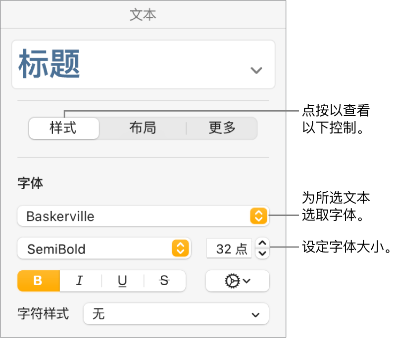 “格式”边栏的“样式”部分中用于设定字体和字体大小的文本控制。