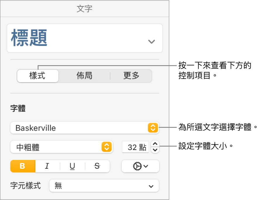 「格式」側邊欄「樣式」區域中的文字控制項目，可設定字體和字體大小。