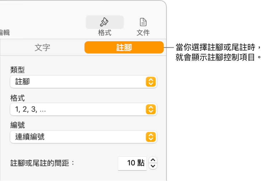 「註腳」面板,顯示「類型」、「格式」、「編號」的彈出式選單,以及註解間的空間。