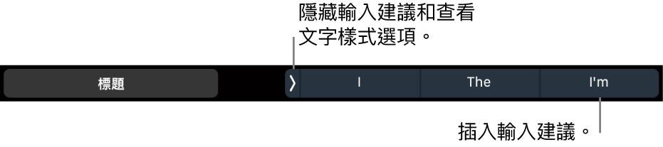 MacBook Pro「觸控欄」,其中有可選擇文字樣式、隱藏輸入建議以及插入輸入建議的控制項目。