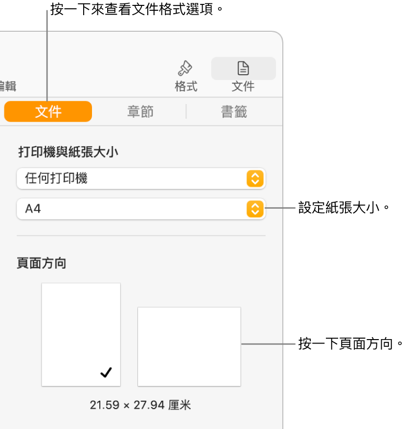 「文件」側邊欄，且已選擇側邊欄最上方的「文件」分頁。側邊欄中的是設定紙張大小之彈出式選單，以及直向和橫向頁面方向的按鈕。