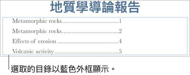 插入文件中的目錄。項目顯示標題和其頁碼。