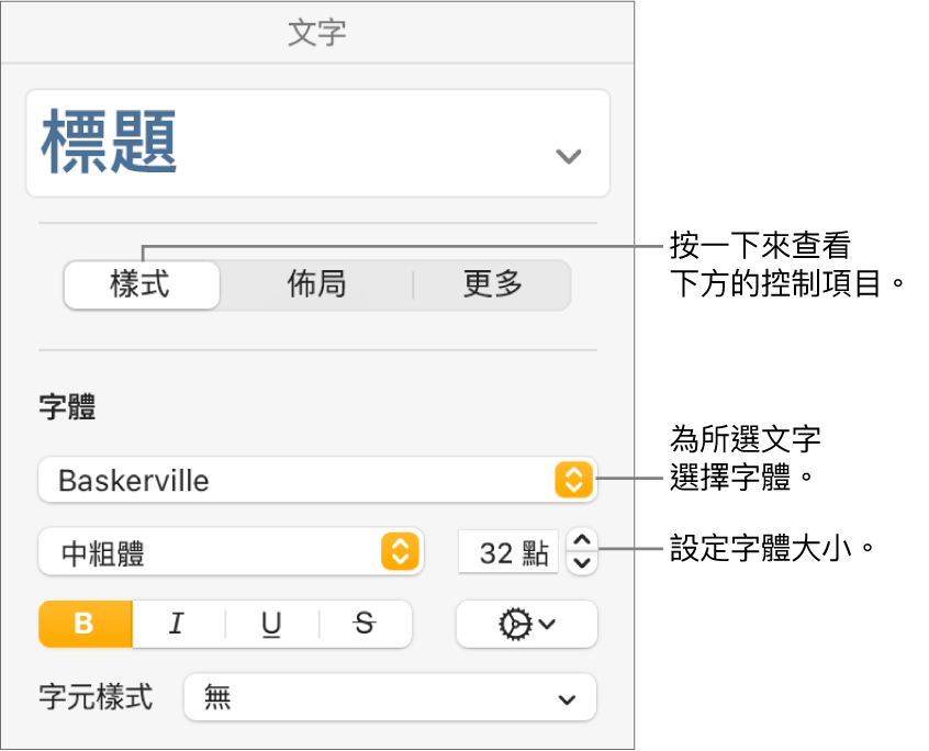 「格式」側邊欄「樣式」區域中的文字控制項目，可設定字體和字體大小。