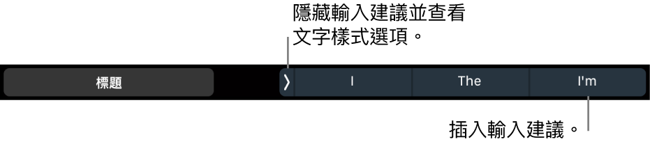 MacBook Pro 觸控列顯示控制項目，可用來選擇文字樣式、隱藏輸入建議以及插入輸入建議。