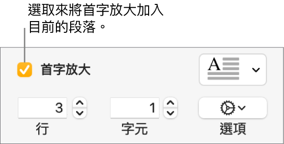 已選取「首字放大」註記框，其右方顯示彈出式選單；其下方顯示設定行高、字元數和其他選項的控制項目。