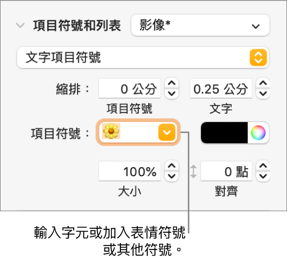 「格式」側邊欄的「項目符號和列表」區域。「項目符號」欄位顯示了花朵的表情符號。