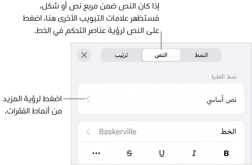 القائمة تنسيق تعرض عناصر التحكم في النص لإعداد أنماط الأحرف والفقرات والخط والحجم واللون.