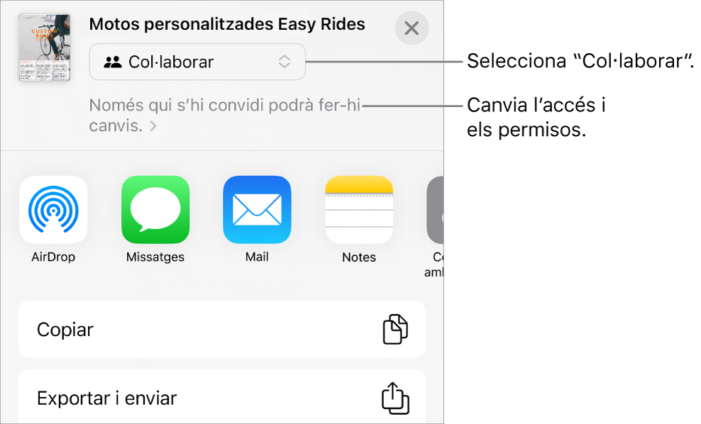 Menú “Comparteix” amb l’opció “Col·labora” seleccionada a la part superior i la configuració dels permisos a sota.
