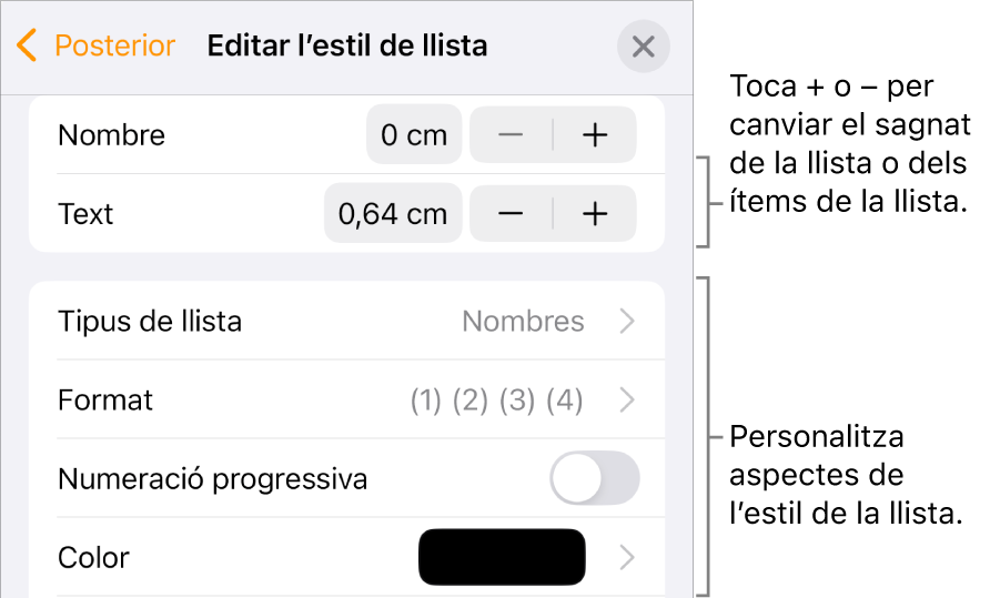 El menú “Edita l’estil de llista” en què es mostren els controls de l’espaiat de sagnat, tipus i format de la llista, numeració progressiva i interlineat.