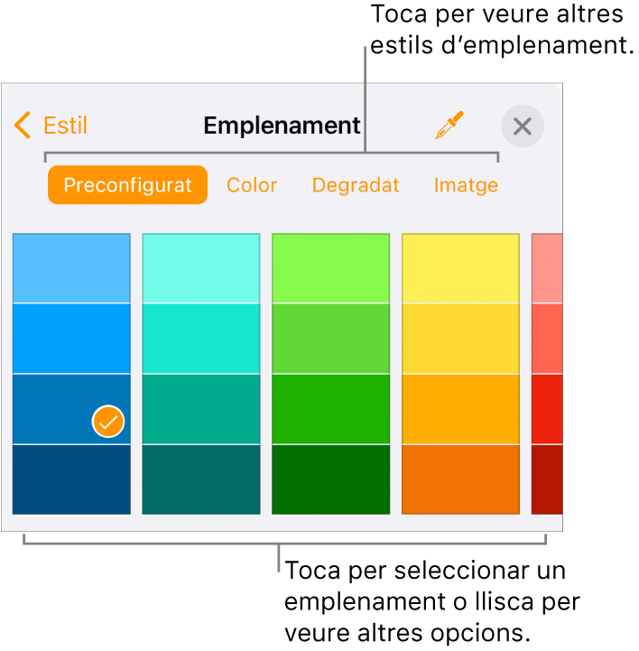 Opcions d’emplenament de la pestanya Estil del botó Format.