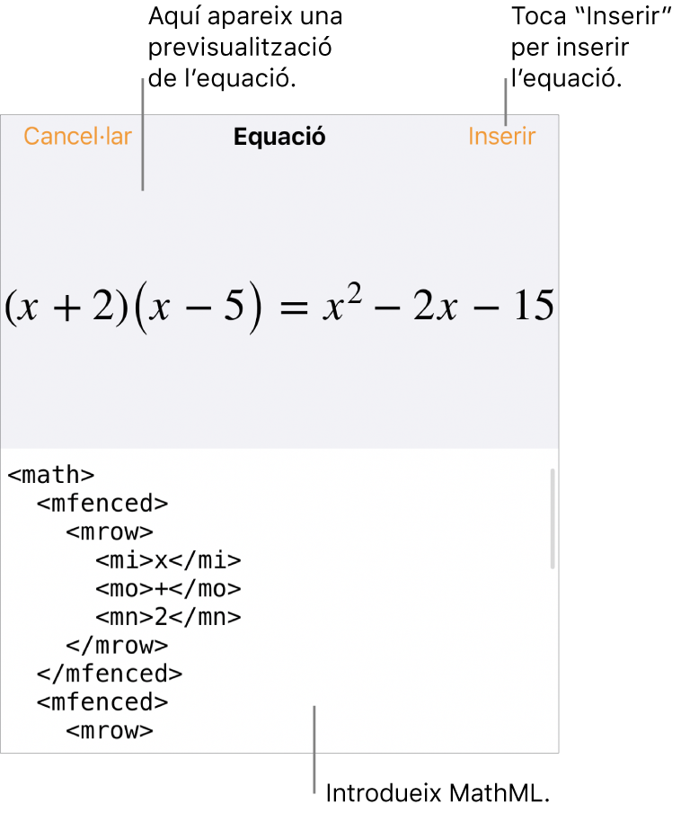 El quadre de diàleg Equació amb una equació escrita amb les ordres MathML i una previsualització de la fórmula al damunt.