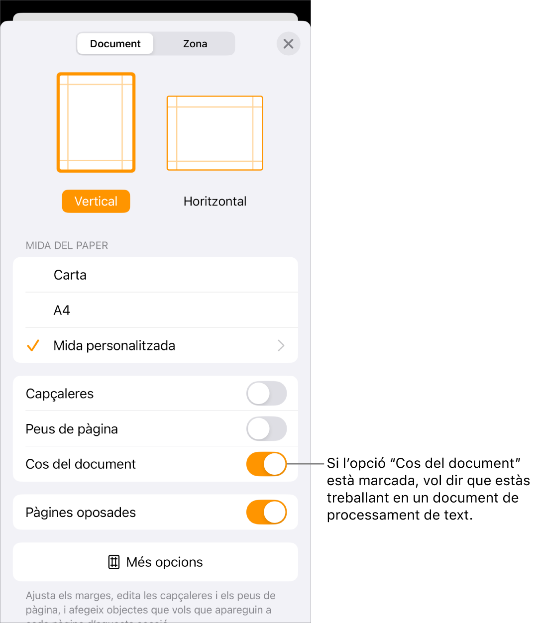 Configuració del document oberta amb l’opció “Cos del document” marcada en un document de processament de text.