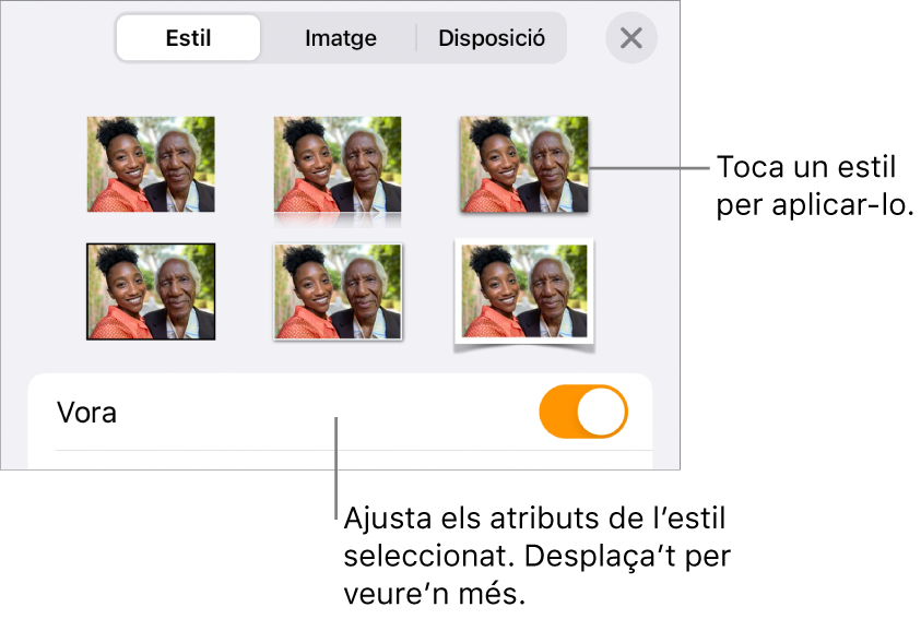 La pestanya Estil del menú Format amb estils d’objecte a la part superior i un control a sota per canviar la vora.