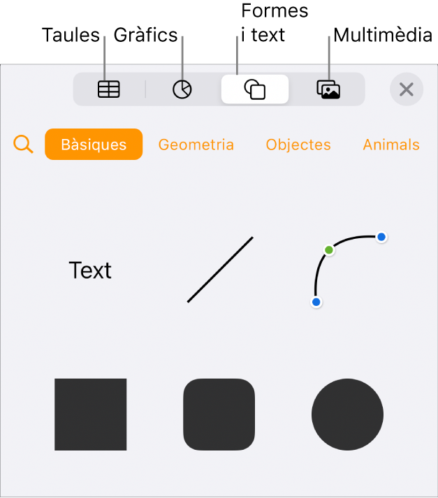 Els controls d’“Insereix” oberts amb botons per afegir taules, gràfics, text, formes i contingut multimèdia a la part superior.