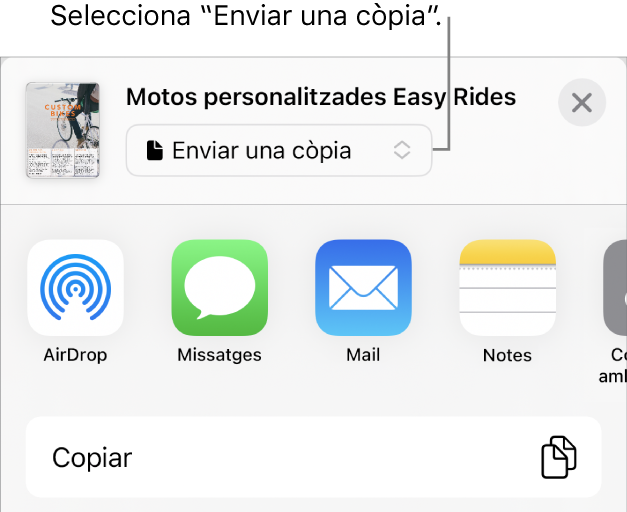Menú “Comparteix” amb l’opció “Envia una còpia” seleccionada a la part superior.