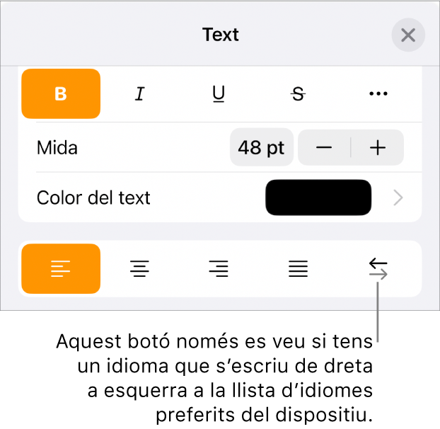 Controls de text del menú Format amb una llegenda per al botó “De dreta a esquerra”.