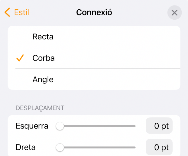 Els controls Connexió amb l’opció Corba seleccionada.