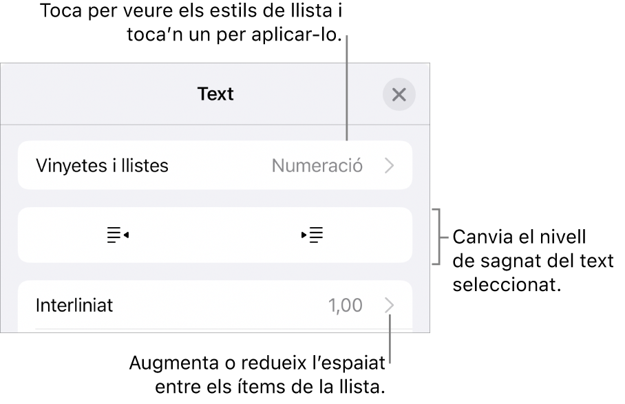 La secció “Vinyetes i llistes” dels controls de Format amb llegendes de “Vinyetes i llistes”, botons de sagnat i de sagnat esquerre, i controls d’interlineat.