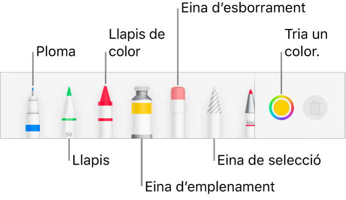 La barra d’eines de dibuix al Pages de l'iPhone, amb una ploma, un llapis, un llapis de colors, l’eina d’emplenament, l’eina d’esborrament, l’eina de selecció i la paleta de colors que mostra el color actual.