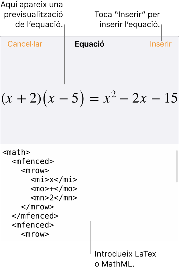 El quadre de diàleg Equació amb una equació escrita amb les ordres MathML i una previsualització de la fórmula al damunt.