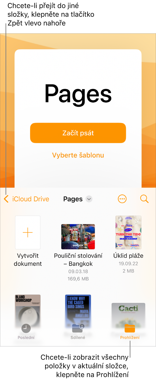 Správce dokumentů v zobrazení procházení s tlačítkem Zpět v levém horním rohu a polem hledání pod ním. Pod polem Hledat je vedle náhledů existujících dokumentů tlačítko Vytvořit dokument. V pravém horním rohu se nachází tlačítko Přidat dokument a tlačítko Další. Dole na obrazovce jsou tlačítka Poslední, Sdílené a Procházet.