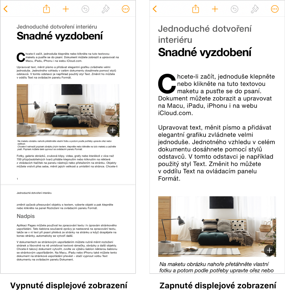 Dvě různá zobrazení stejného dokumentu Pages – jedno se zapnutým displejovým zobrazením a druhé s touto funkcí vypnutou