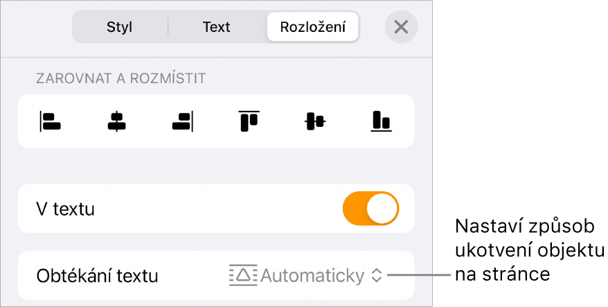 Ovládací prvky rozložení s funkcemi V textu a Obtékání textu