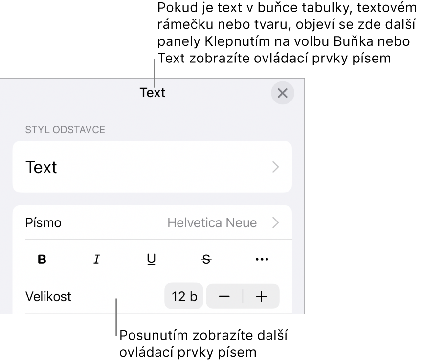 Ovládací prvky pro text v nabídce Formát pro nastavení stylů, písma, velikosti a barvy odstavce a znaků