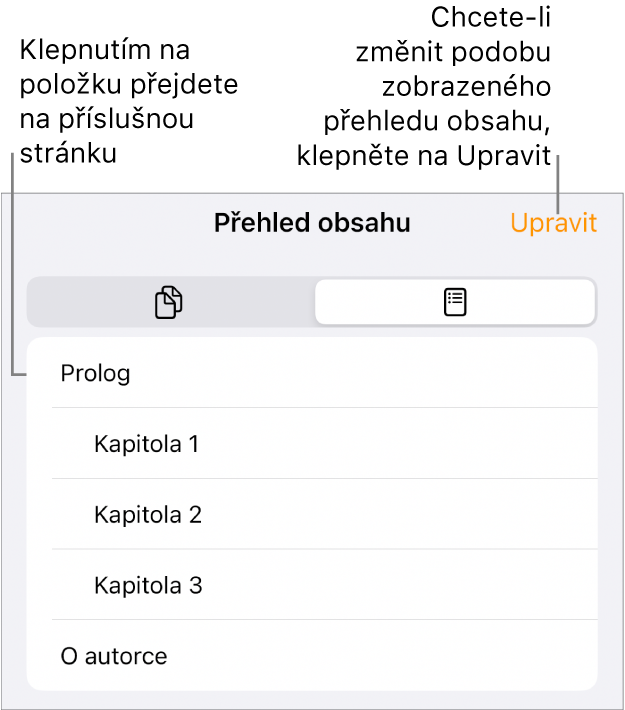 Zobrazení přehledu obsahu se seznamem záhlaví. V pravém horním rohu je umístěno tlačítko Upravit a dole se nacházejí tlačítka Miniatura stránky a Obsah