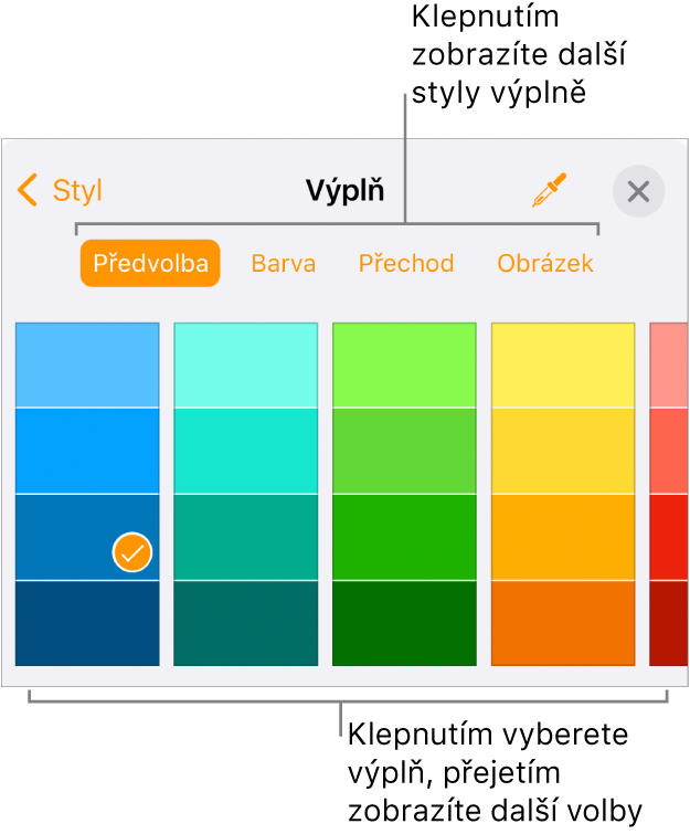 Volby výplně na panelu Styl v nabídce Formát