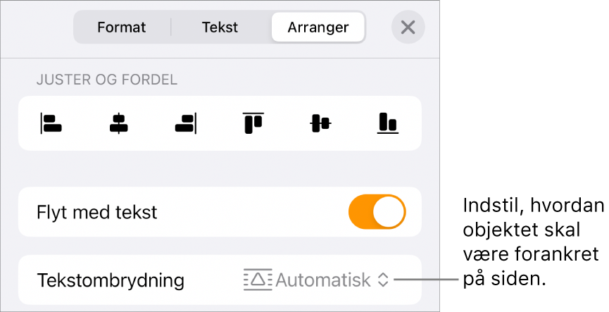 Betjeningsmulighederne til Arranger med Flyt med tekst og Tekstombrydning.