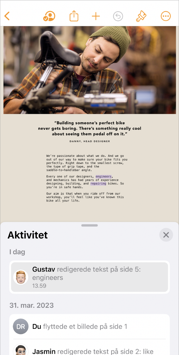 Samarbejdsmenuen, hvor aktuelle deltagere er angivet.