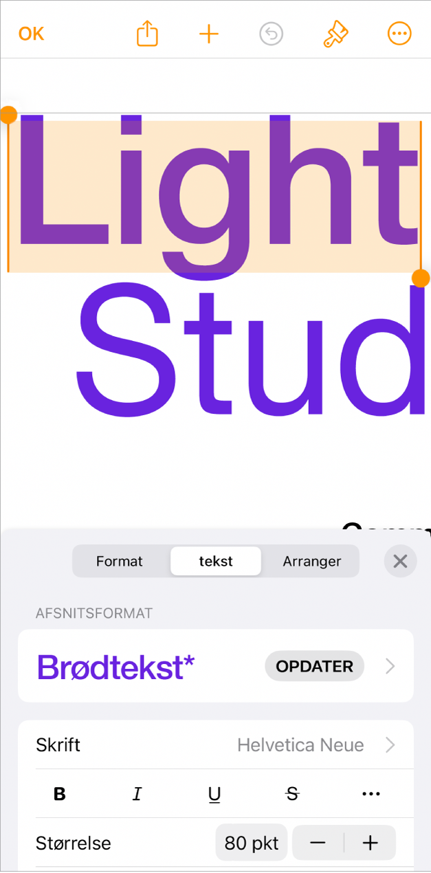 I et åbent dokument er der valgt tekst, og nederst vises tekstindstillinger.
