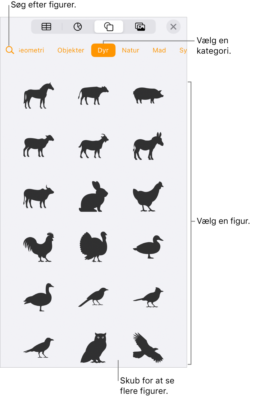 Figurbiblioteket med kategorier øverst og figurer vist nedenunder. Du kan bruge søgeknappen øverst til at finde figurer og skubbe for at se flere.