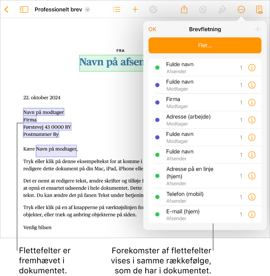 Pages-dokument med modtager- og afsenderfelter til brevfletning, og listen over forekomster af flettefelter vises i indholdsoversigten Dokument.