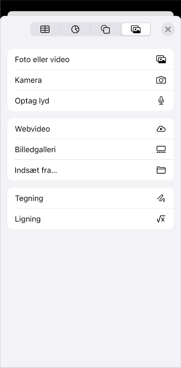Menuen Tilføj medier vist.
