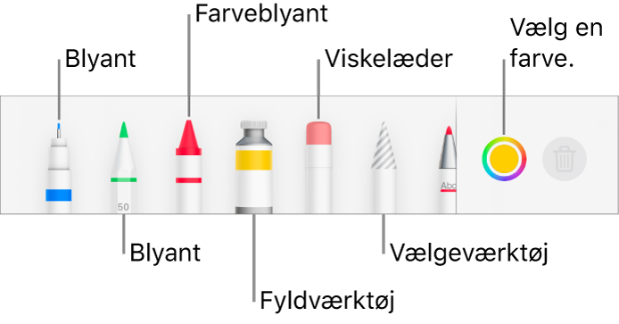 Værktøjslinjen i Pages på iPhone med pen, blyant, farveblyant, fyldværktøj, viskelæder, vælgeværktøj og farvefelt, der viser den aktuelle farve.