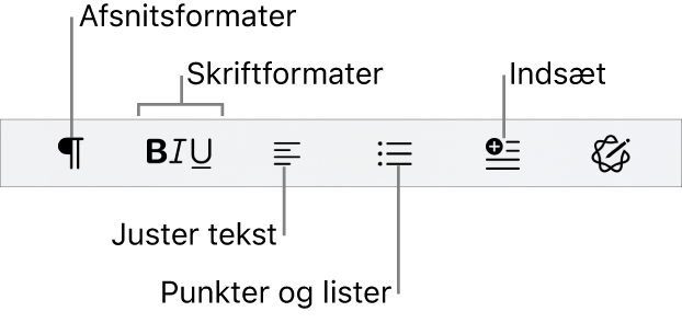 Hurtig formatlinje viser symboler til afsnitsformater, skriftformater, tekstjustering, punkttegn og lister og til at indsætte elementer.