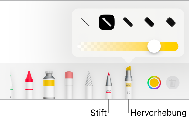 Das Werkzeug für intelligente Anmerkungen mit den Tasten für das Stift- und Markerwerkzeug, den Optionen für die Linienstärke und dem Schieberegler „Deckkraft“.