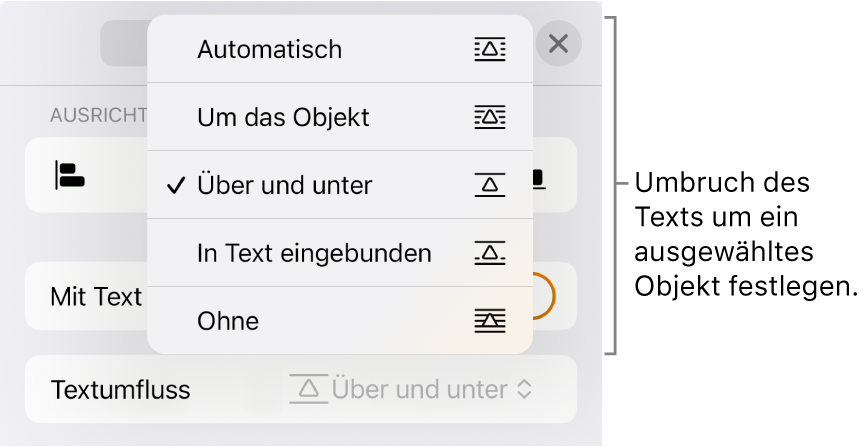 Die Steuerelemente für Textumbruch mit Einstellungen für „Automatisch“, „Um das Objekt“, „Über und unter“, „In Text eingebunden“ und „Ohne“.