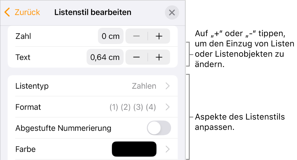 Das Menü „Listenstil bearbeiten“ mit Steuerelementen für Einzug, Listenart und -format, abgestufte Nummerierung sowie Zeilenabstand.