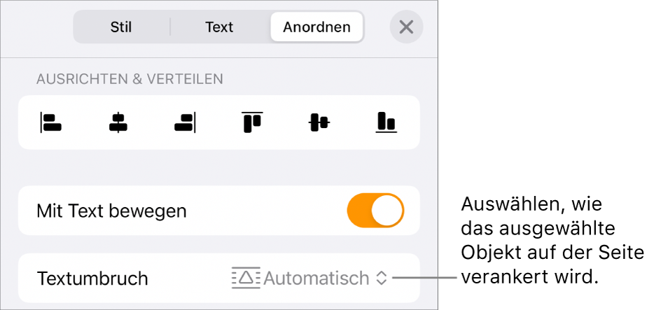 Die Steuerelemente zum Anordnen mit „Mit Text bewegen“ und „Textumbruch“