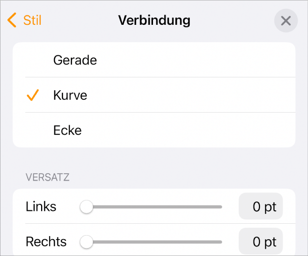 Die Steuerelemente im Abschnitt „Verbindung“ mit dem ausgewählten Element „Kurve“.