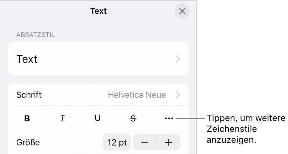 Die Steuerelemente für die Formatierung umfassen die Tasten „Fett“, „Kursiv“, „Unterstrichen“, „Durchgestrichen“ und „Weitere Textoptionen“.