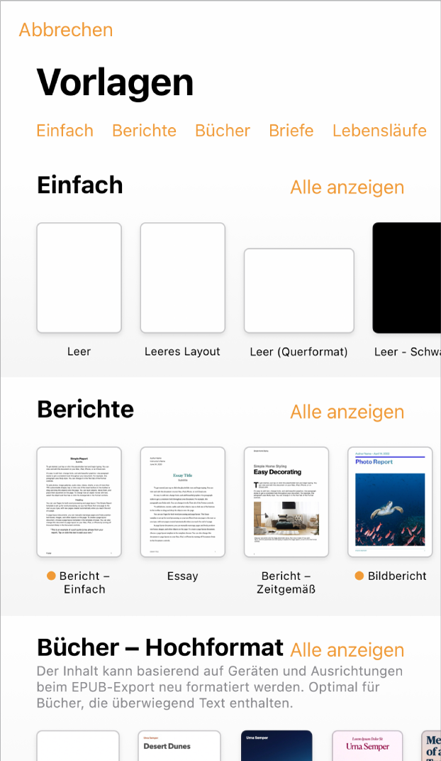 Die Vorlagenauswahl zeigt oben eine Zeile mit Kategorien, auf die du tippen kannst, um die Optionen zu filtern. Darunter befinden sich die Miniaturen der vordefinierten Vorlagen in Zeilen nach Kategorie sortiert, angefangen bei „Neu“ oben und gefolgt von „Zuletzt benutzt“ und „Einfach“. Die Taste „Alle anzeigen“ befindet sich über und rechts von jeder Kategoriezeile. Die Taste für Sprache und Region befindet sich oben rechts.