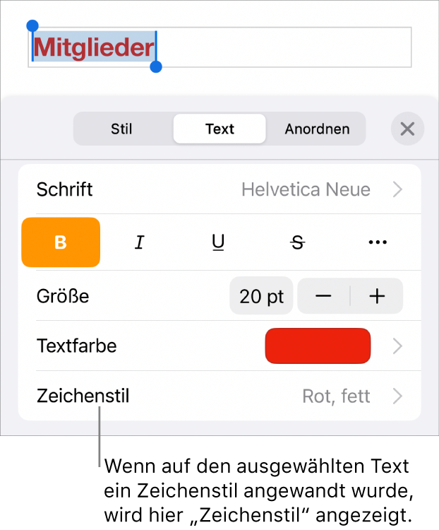 Die Steuerelemente für die Textformatierung mit „Zeichenstil“ unter den Farbsteuerungen Der Zeichenstil „Ohne“ mit einem Stern