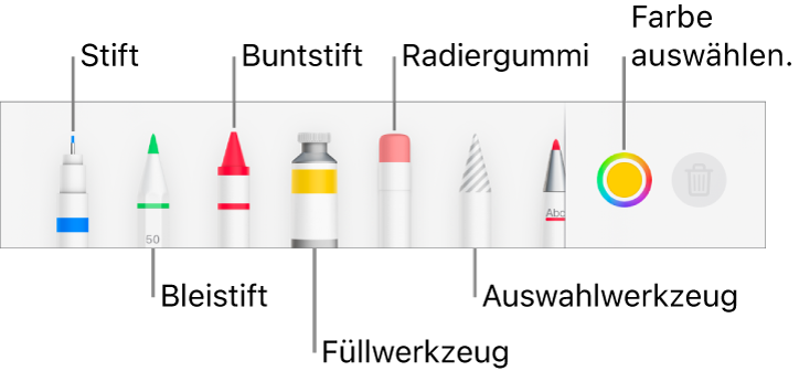 Die Zeichen-Symbolleiste in Pages auf dem iPhone mit Werkzeugen wie Stift, Bleistift, Buntstift, Füllwerkzeug, Radiererwerkzeug, Auswahlwerkzeug und Farbfeld mit der aktuellen Farbe