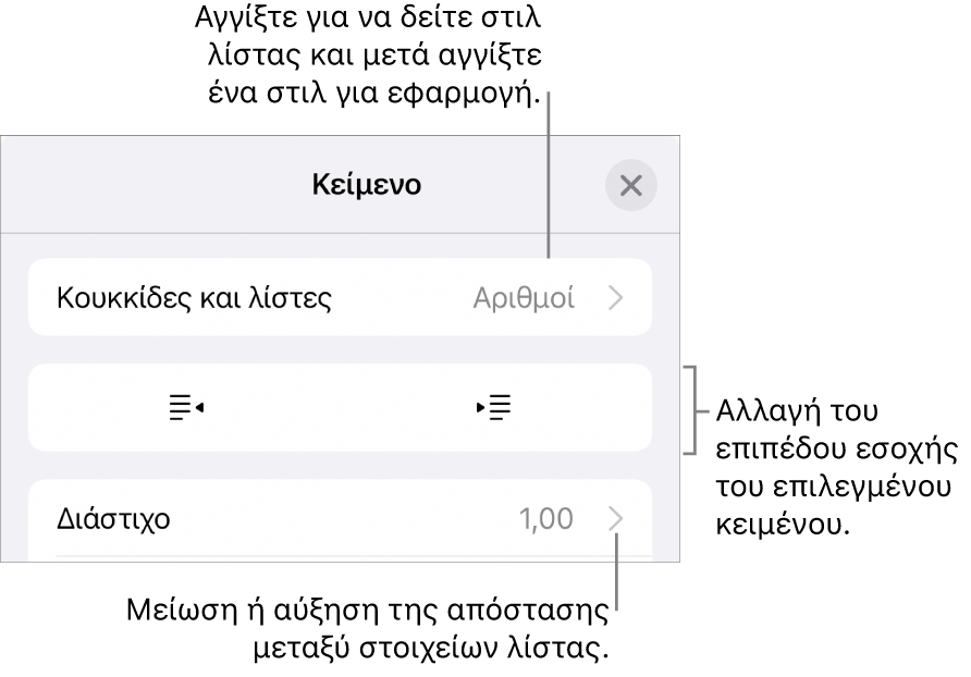 Η ενότητα «Κουκκίδες και λίστες» των στοιχείων ελέγχου Μορφής με επεξηγήσεις στις «Κουκκίδες και λίστες», κουμπιά προεξοχής και εσοχής και στοιχεία ελέγχου διάστιχου γραμμών.