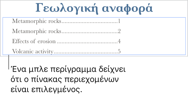 Πίνακας περιεχομένων που έχει προστεθεί σε ένα έγγραφο. Οι καταχωρίσεις εμφανίζουν τις επικεφαλίδες μαζί με τους αριθμούς σελίδων τους.